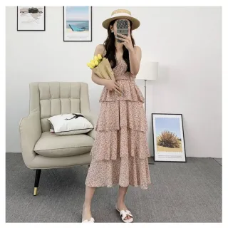 【BBHONEY】韓風碎花 吊帶蛋糕洋裝 長裙(網美必備款)