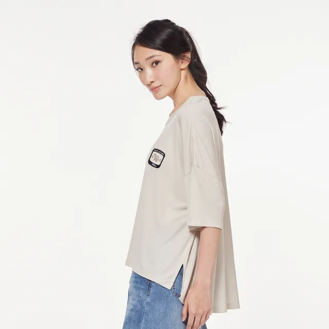 【JEEP】女裝 天絲棉涼感寬版五分袖T恤(淺卡其)