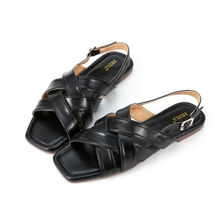 【HERLS】涼鞋-編織鏤空造型方頭平底涼鞋(黑色)