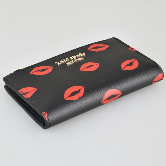 【KATE SPADE】SPENCER紅唇圖騰設計對折卡片夾(黑x紅)