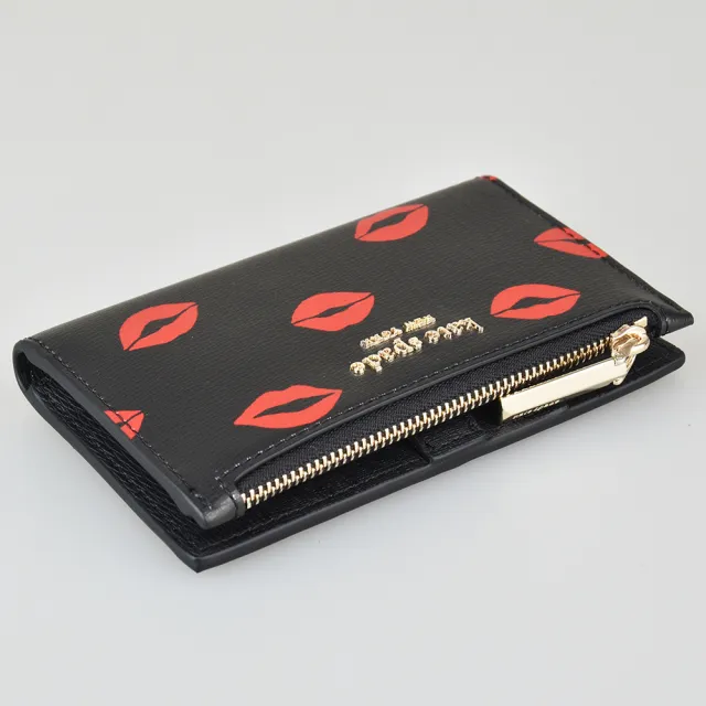【KATE SPADE】SPENCER紅唇圖騰設計對折卡片夾(黑x紅)