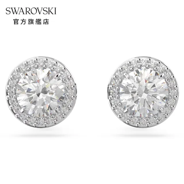 【SWAROVSKI 官方直營】Una Angelic 耳釘 圓形切割 密鑲 白色 鍍白金色