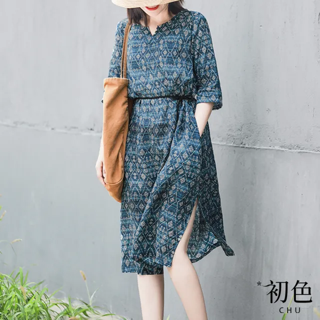 【初色】涼爽透氣民族風印花棉麻風連衣裙洋裝-深藍色-62095(M-2XL可選)