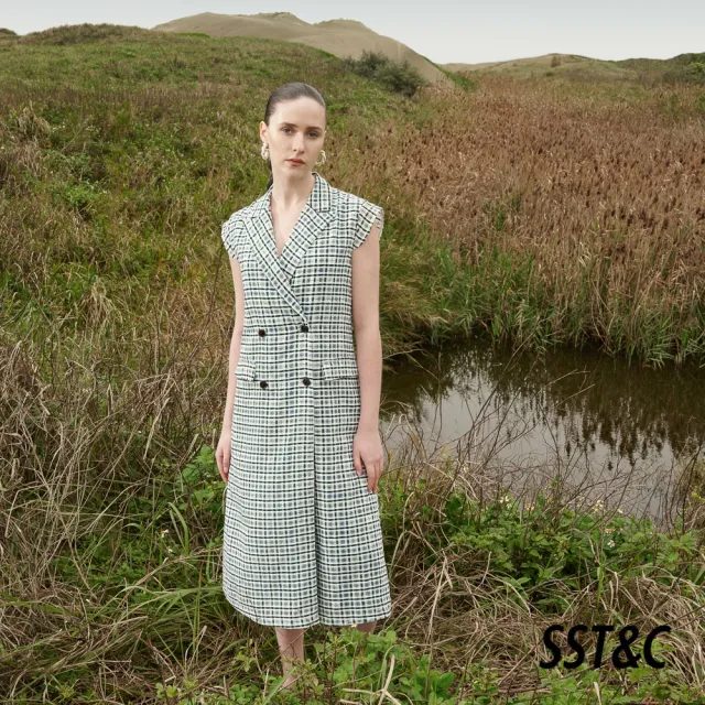 【SST&C】女裝 綠色格紋西裝領開襟長洋裝8562205002(限時3折)