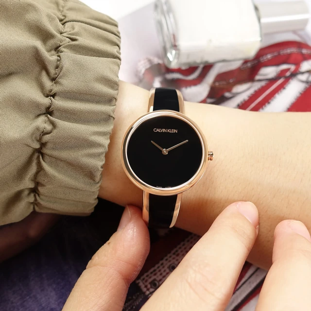 【Calvin Klein 凱文克萊】極簡風格 細緻迷人 不鏽鋼手環式指針腕錶 黑x鍍玫瑰金 30mm(K4E2N611)