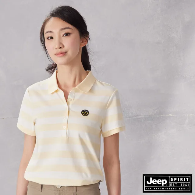 【JEEP】女裝 百搭彈性條紋短袖POLO衫(淡黃)