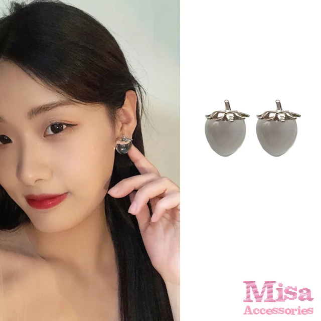 【MISA】韓國設計925銀針可愛透明水晶草莓造型耳環(925銀針耳環 水晶耳環 草莓耳環)