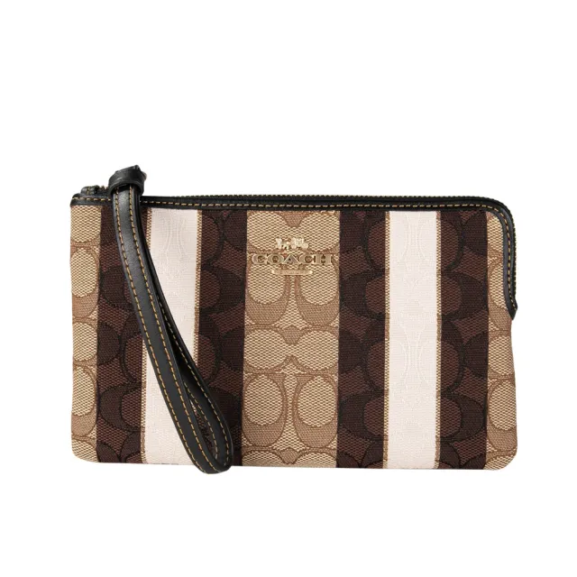 【COACH】LOGO緹花條紋印花大手拿包(卡其黑)