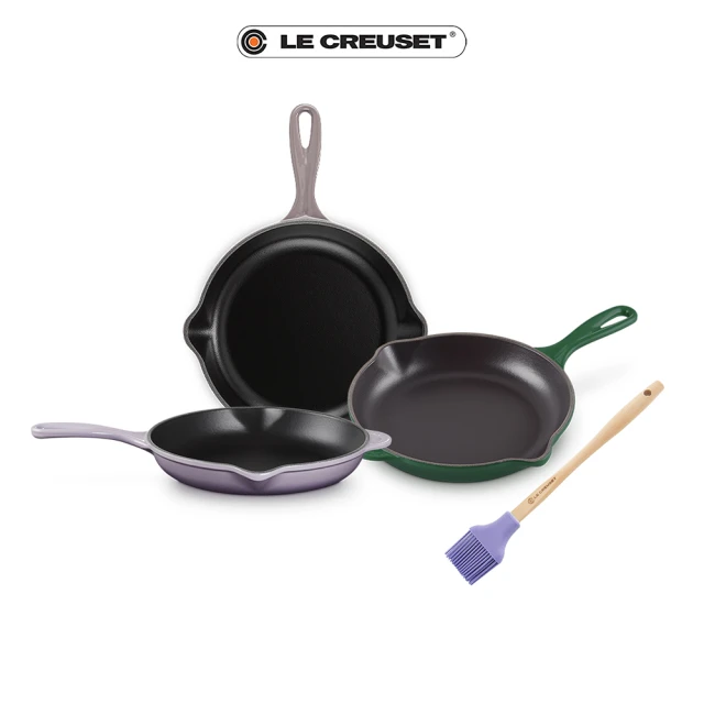 Le Creuset 琺瑯鑄鐵鍋單柄圓煎盤23cm+B油刷(藍鈴紫/綠光森林/燧石灰)