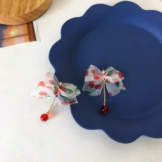 【MISA】韓國設計925銀針櫻桃印花蝴蝶結墜鍊造型耳環(925銀針耳環 櫻桃耳環 蝴蝶結耳環)