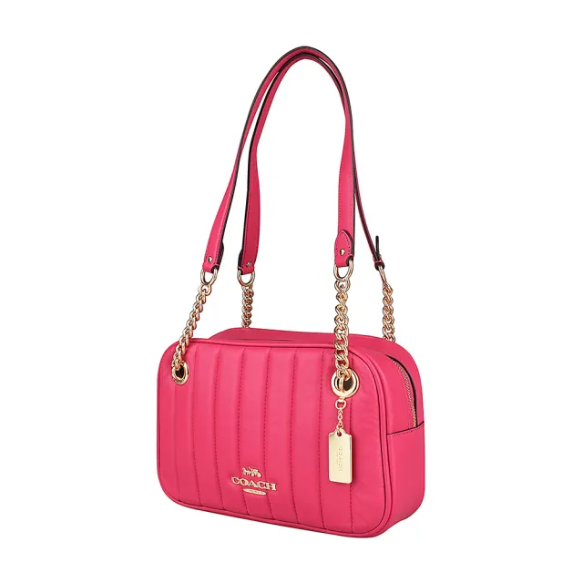 【COACH】COACH CAMMIE金字LOGO直紋設計牛皮拉鍊肩背方包(桃紅)