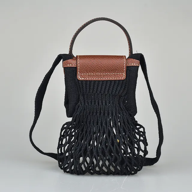 【LONGCHAMP】LONGCHAMP LE PLIAGE FILET經典壓印LOGO棉質飾牛皮邊扣式手提斜背網狀包(迷你/黑)