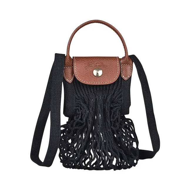 【LONGCHAMP】LONGCHAMP LE PLIAGE FILET經典壓印LOGO棉質飾牛皮邊扣式手提斜背網狀包(迷你/黑)