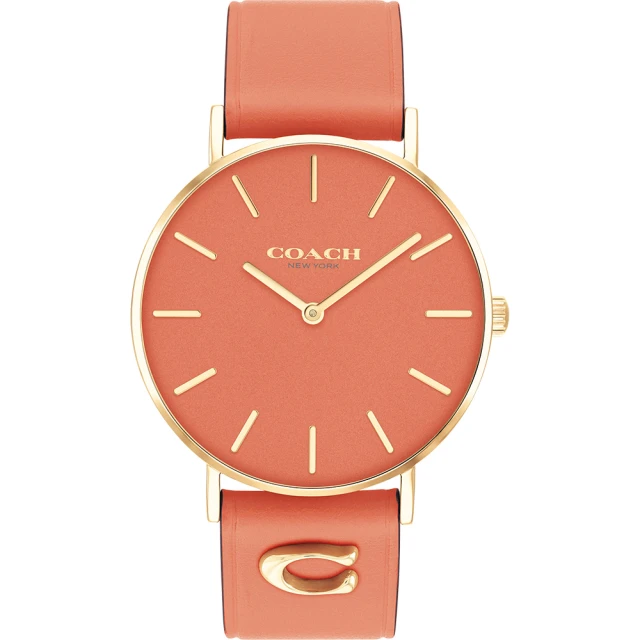 【COACH】Perry 品牌C字皮錶帶女錶-玫瑰金x珊瑚橘(CO14503922)