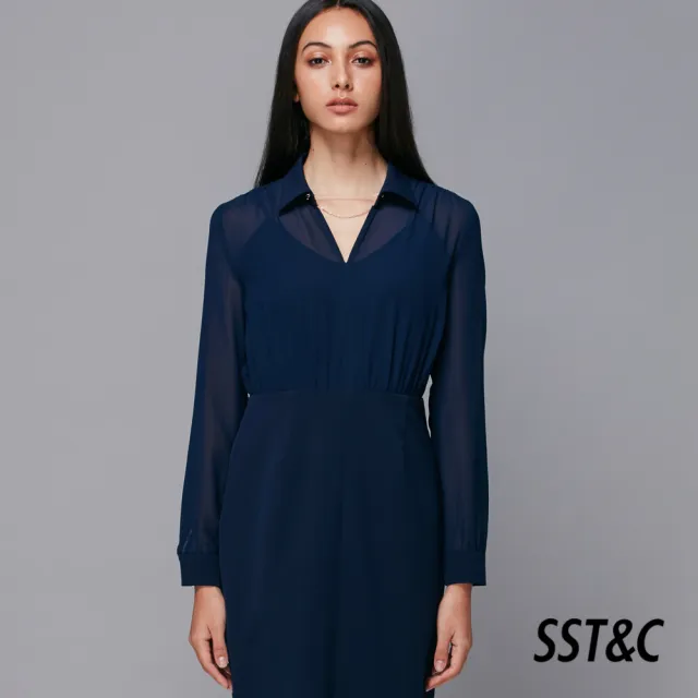 【SST&C 出清２折】深藍色雪紡襯衫式洋裝8561811011