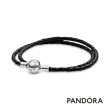 【Pandora 官方直營】Pandora Moments 黑色皮革雙圈手鏈