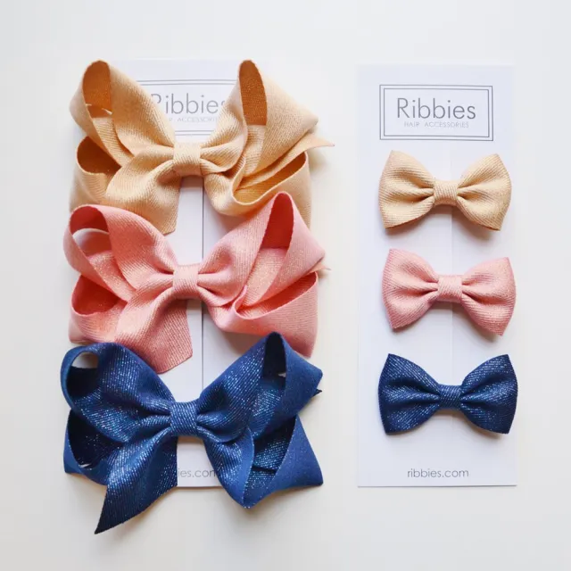 【Ribbies】雙層大蝴蝶結3入組-粉紅/金/海軍藍(髮夾)