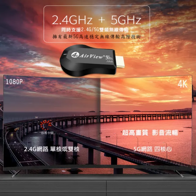 【DW 達微科技】第十代4K四核心 AirView 10th雙頻5G全自動無線影音電視棒(附4大好禮)