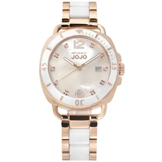 【NATURALLY JOJO】唯美氣質珍珠母貝 陶瓷不鏽鋼手錶-白x玫瑰金/38mm(JO96988-80R)