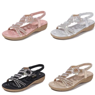 【Taroko】花漾晶鑽夏季T型平底涼鞋(4色可選)