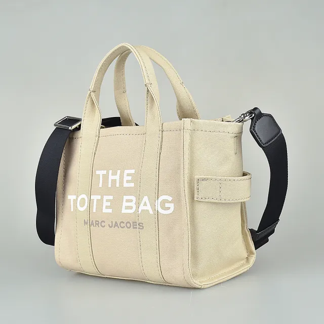 【MARC JACOBS】MARC JACOBS  The Mini Tote印字LOGO帆布拉鍊手提斜背托特包(迷你/米)