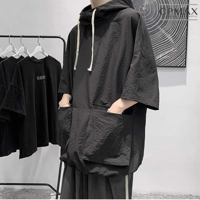 【CPMAX】暗黑系工裝機能五分袖衛衣(鬆慵懶連帽短袖T恤 素色寬鬆t恤 T198)