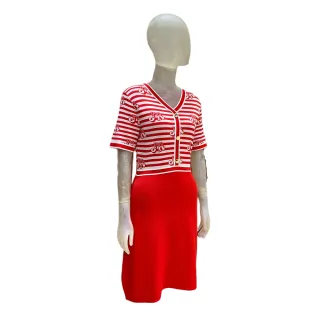 【Jessica Red】氣質修身拼接條紋V領短袖針織洋裝（紅）823181