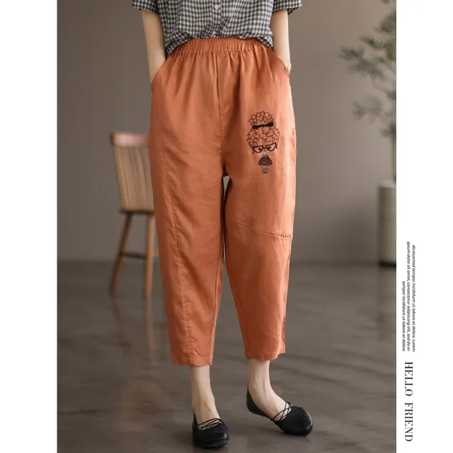 【ACheter】女孩手工刺繡大碼燈籠棉麻休閒褲#112937現貨+預購(4色)