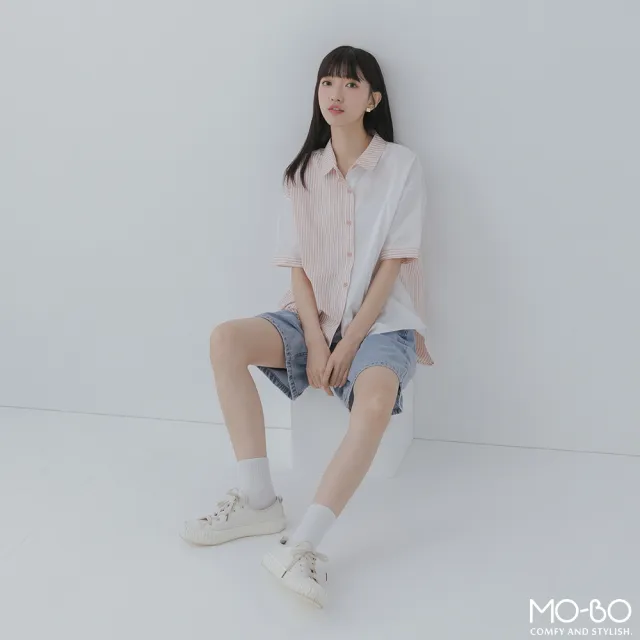 【MO-BO】幸福的小日子條紋拼接襯衫(上衣)