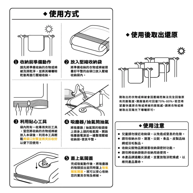 【百特兔寶】旅行抽氣式壓縮袋Lx3 約50x70cm+Sx3 約50x35cm-6入組(旅行/背包客/出差/露營/旅行壓縮)