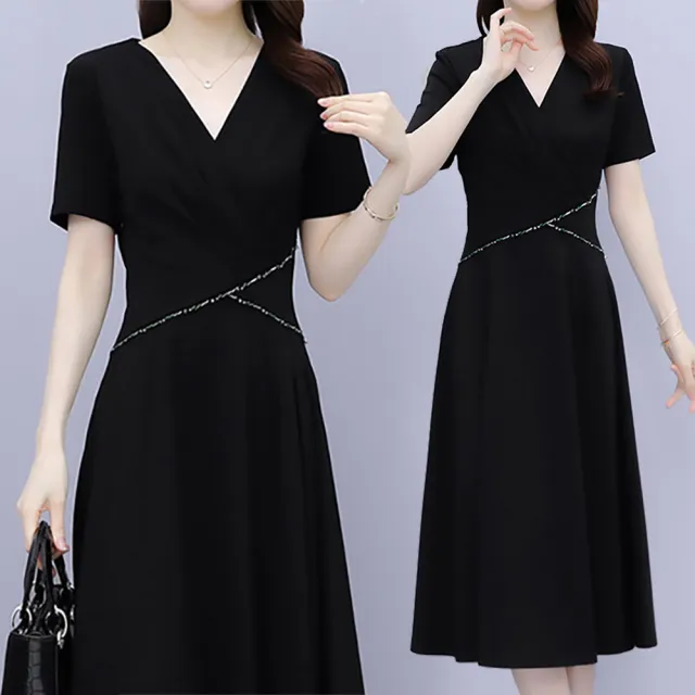 【麗質達人】7925黑色V領洋裝AA(L-5XL)