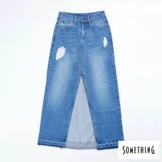 【SOMETHING】女裝 前開衩磨破牛仔裙(漂淺藍)