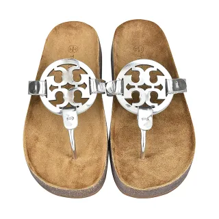 【TORY BURCH】TORY BURCH MILLER CLOUD圓型鏡面LOGO牛皮拖鞋(女款/銀x棕)