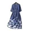 【ACheter】印花飛舞系帶收腰短袖洋裝#112942(藍色)