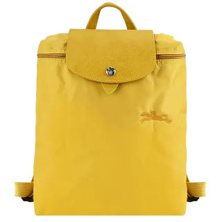 【LONGCHAMP】LE PLIAGE GREEN系列刺繡再生尼龍摺疊後背包(中/粉黃)