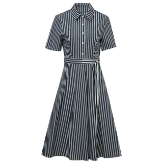 【米蘭精品】洋裝短袖連身裙(條紋翻領高腰收腰女裙子4色74ch16)