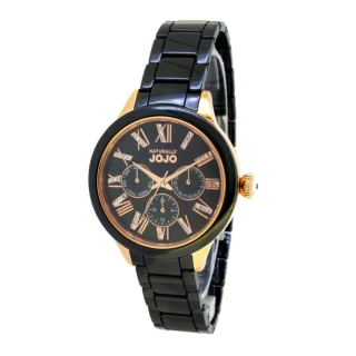 【NATURALLY JOJO】曼哈頓三眼陶瓷腕錶-黑x玫瑰金框/38mm(JO96921-88R)