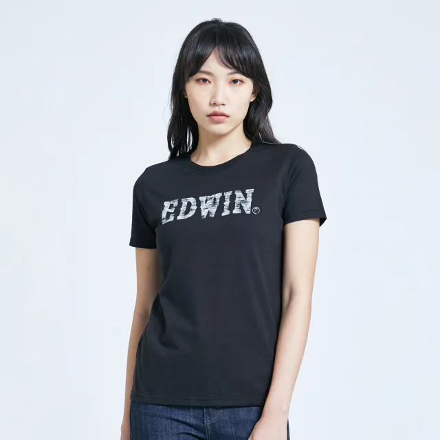 【EDWIN】女裝 人氣復刻款 花紗植絨LOGO短袖T恤(黑色)