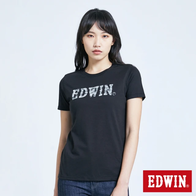 【EDWIN】女裝 人氣復刻款 花紗植絨LOGO短袖T恤(黑色)