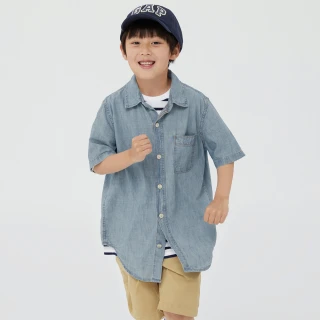 【GAP】男童裝 純棉翻領短袖牛仔襯衫-淺藍色(876440)