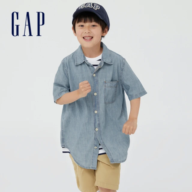 【GAP】男童裝 純棉翻領短袖牛仔襯衫-淺藍色(876440)