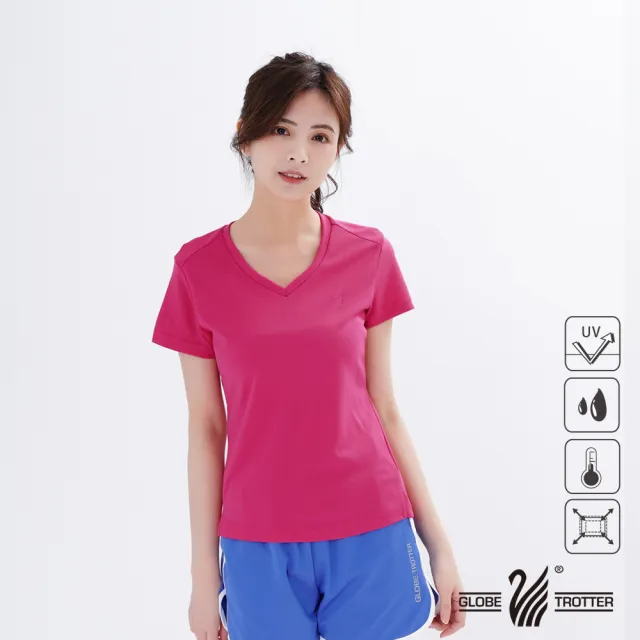 【遊遍天下】台灣製女款顯瘦抗UV防曬涼感吸濕排汗機能V領衫 玫紅(S-2L)