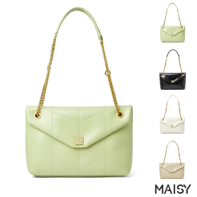 【MAISY】經典百搭真皮鍊條郵差包(真皮包包 現+預  綠色／白色／黑色／米色)