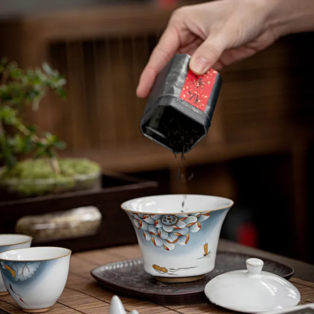 【古緣居】整套陶瓷功夫茶具公道杯中式蓋碗輕奢禮盒套組(瑞荷)