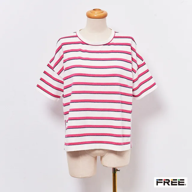 【FREE】有機棉配條落肩開叉針織衫(桃紅/黃色)