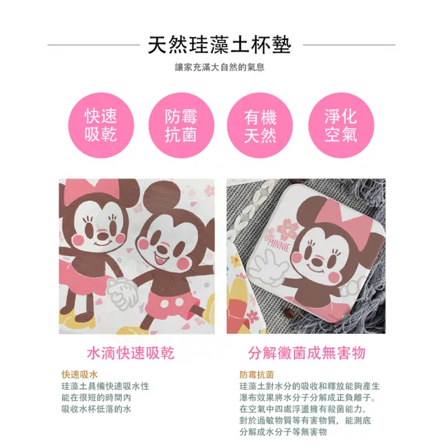 【SONA森那家居】Disney 迪士尼2019方形櫻花系列珪藻土杯墊2入組(10x10x0.9 米奇米妮/維尼/快乾吸水)