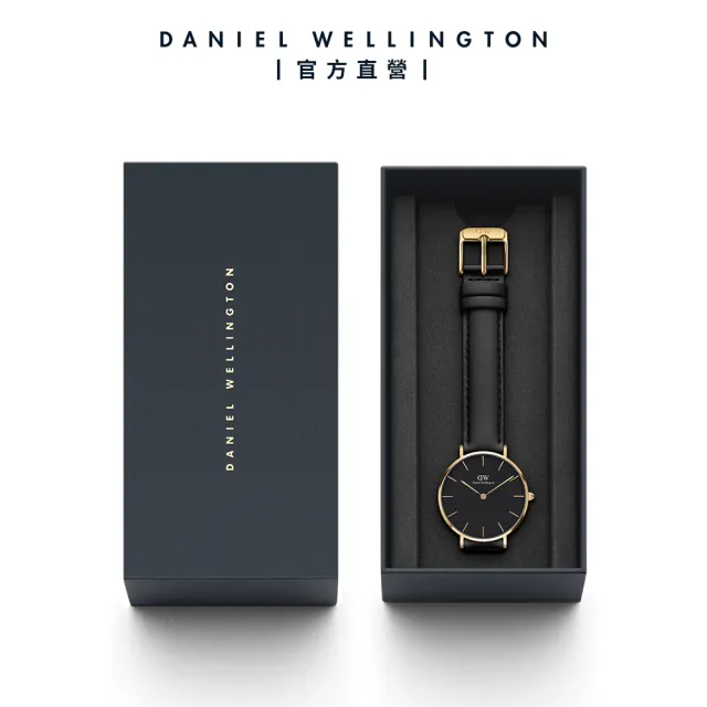 【Daniel Wellington】DW 手錶  Petite Sheffield 32mm爵士黑真皮皮革錶-香檳金框(DW00100547)