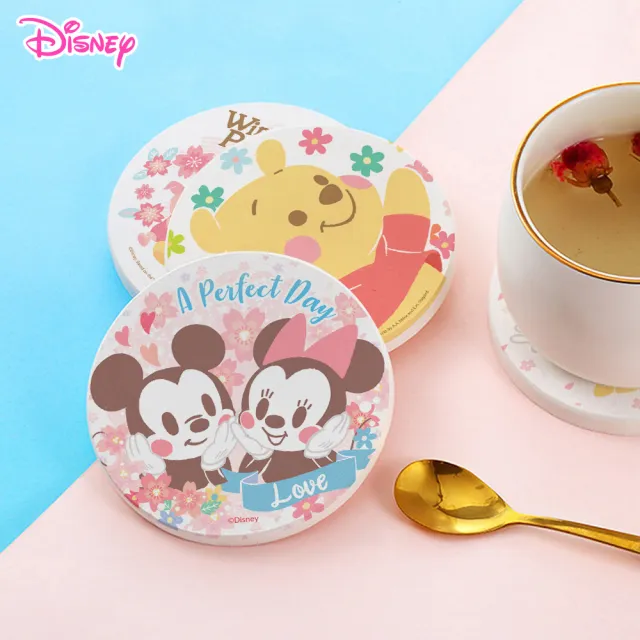 【SONA森那家居】Disney 迪士尼2019圓形櫻花珪藻土杯墊2入組(10x10x0.9 維尼/米奇米妮快乾吸水)
