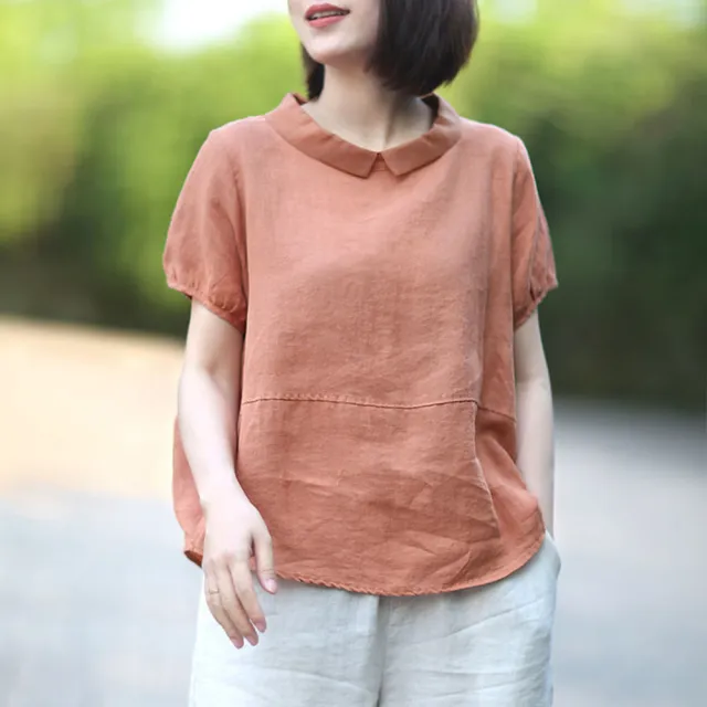 【ACheter】韓版率性拼接襯衫領寬鬆修身短袖棉麻上衣#113037(5色)