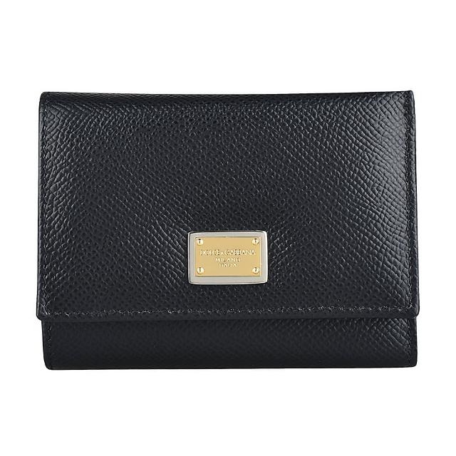 【DOLCE&GABBANA 杜嘉班納】DOLCE&GABBANA  Dauphine金屬鐵牌LOGO小牛皮壓扣式短夾(黑)